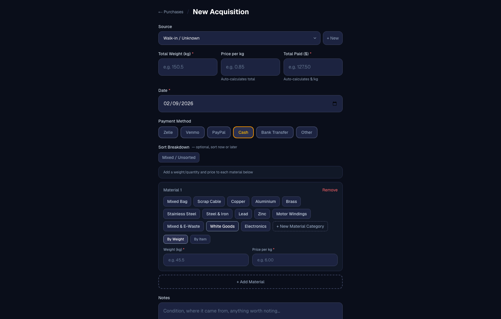 ScrapDesk new acquisition form
